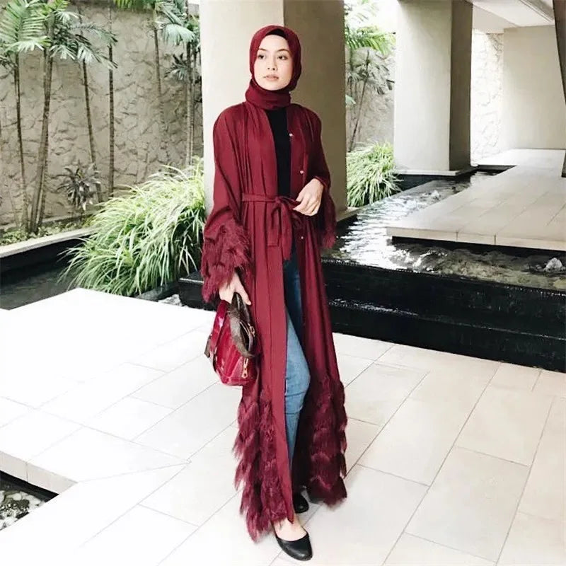 maoxiangshop-Elegant Thick Fluffy Lace Tassel Abaya Muslim Dress Full length Dubai Female Flare sleeve Islamic Dress wy1333 dropshiping