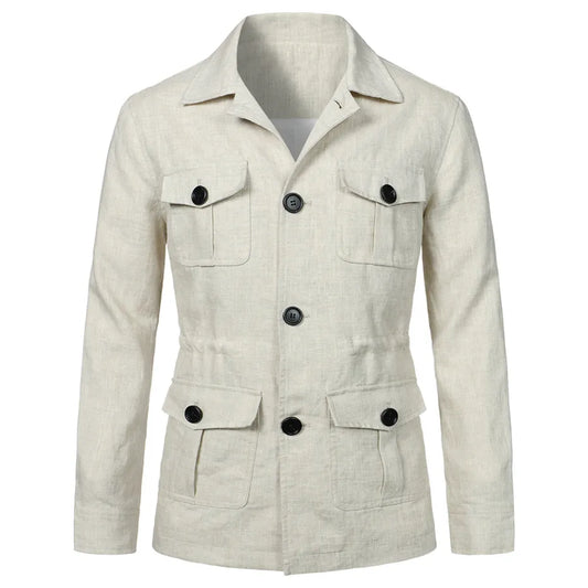 maoxiangshop New Spring Linen Jacket Men Multiple Pockets Cargo Jacket Male Fashion Casual Button Coat Plus Size 5XL
