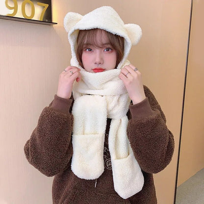 maoxiangshop Cute Bear Ear Hat Scarf Set Kawaii Women Winter Beanies Caps Warm Casual Plush Hat Casual Female Keep Wammer Anime Gift