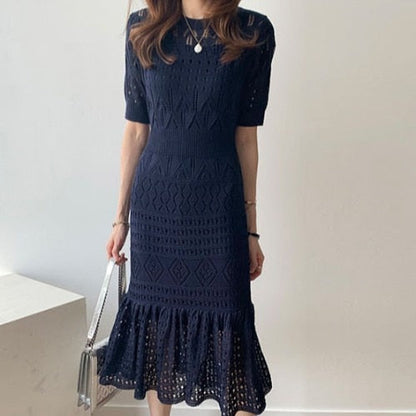 maoxiangshop Casual Chic Korean Temperament Slim Sexy Hollow Out Dresses O Neck Short Sleeve Wrap Hip Knitted Dress White Lady Summer