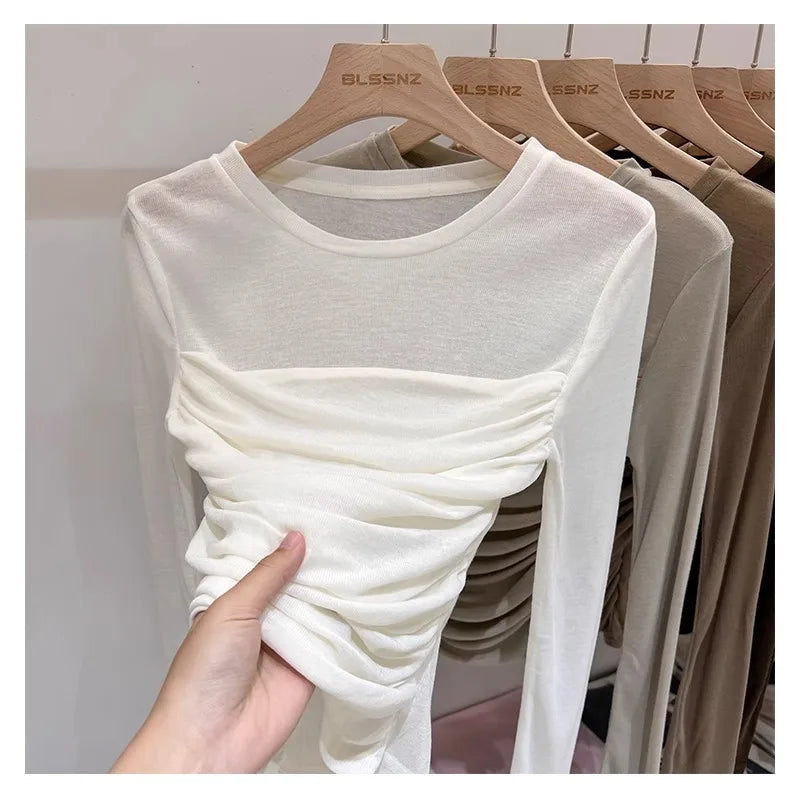 maoxiangshop Solid Ruched Vintage Shirt Women Long Sleeve Designer Y2k Elegant Casual Tops Female Korean Fashion Retro Chic Clothes