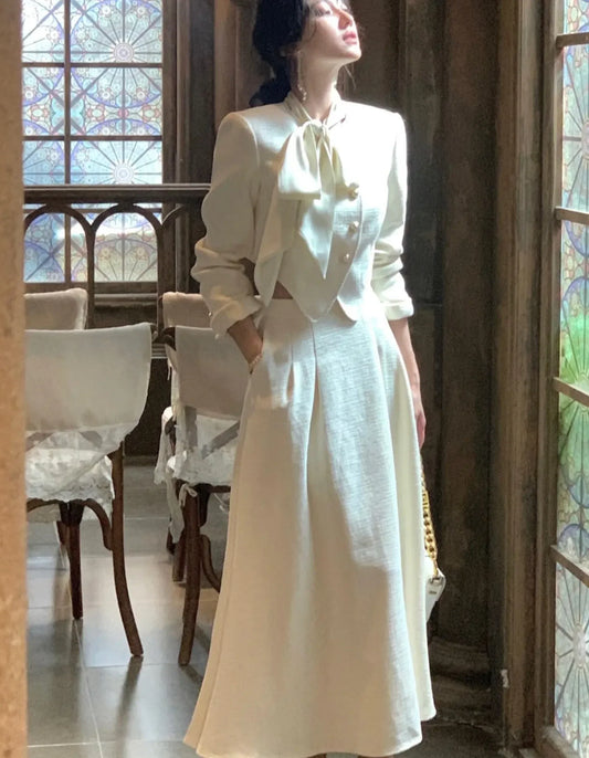 Korean Elegant Blazer 2 Piece Sets for Women Button Jacket with Tie High Waist Skirts Suit Spring Autumn Fashion Party Outfits