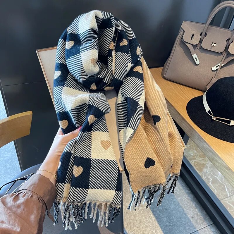 maoxiangshop Luxury Brand Women Knitted Heart-pattern Plaid Scarf Lovey Girl Winter Warm Scarves College Leisure Shawl Wraps