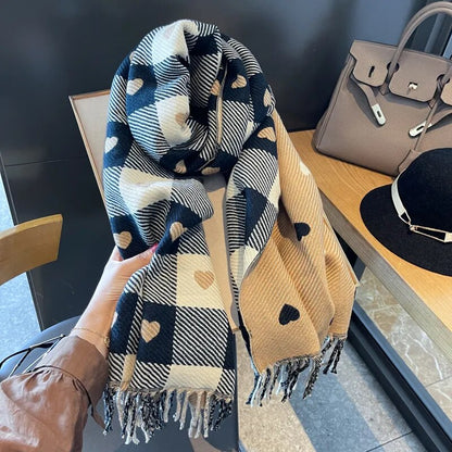 maoxiangshop Luxury Brand Women Knitted Heart-pattern Plaid Scarf Lovey Girl Winter Warm Scarves College Leisure Shawl Wraps