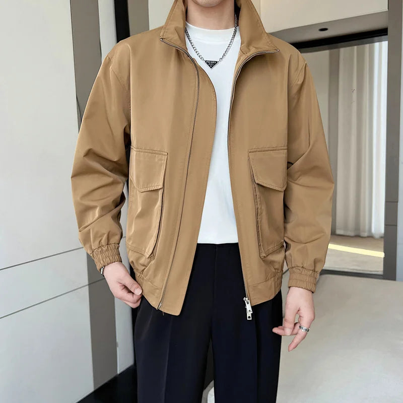 maoxiangshop Autumn Solid Color Cargo Jackets For Men New Korean Fashion Zipper Cardigan Coats Stand Collar Streetwear Bomber Jacket Hombre