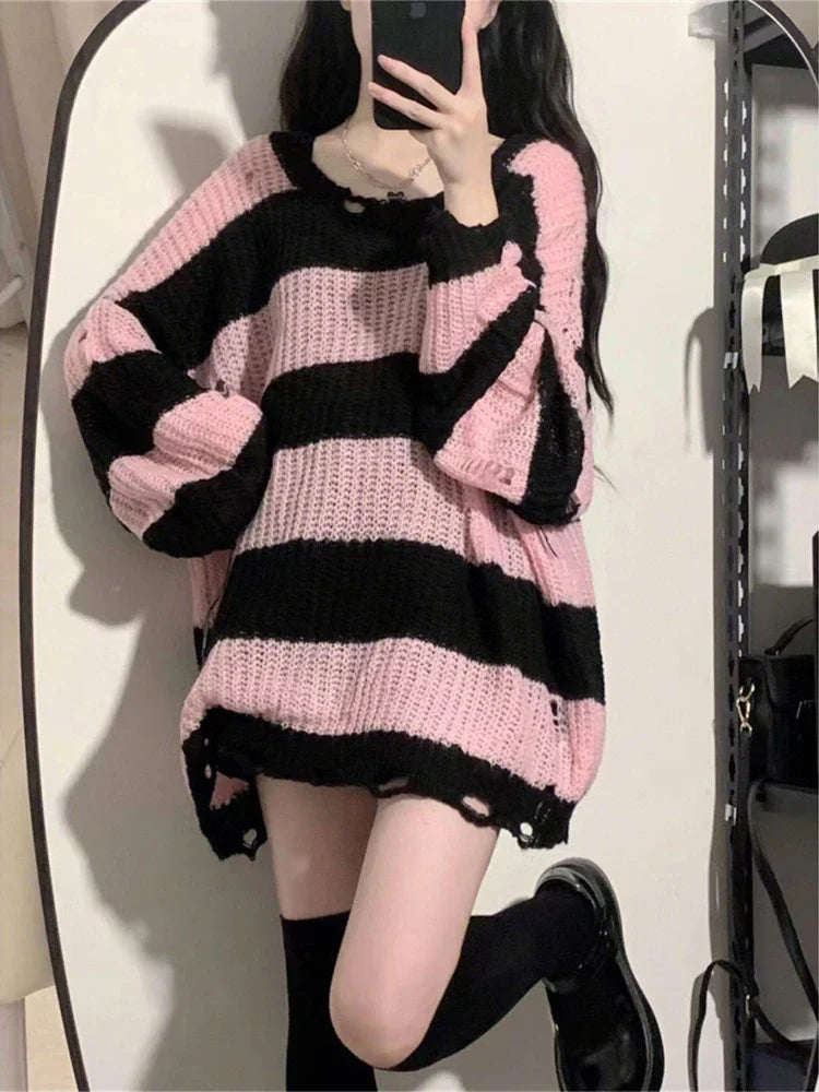 maoxiangshop Y2K Pink Striped Sweaters Women Harajuku Vintage Black Knitted Jumper Grunge Sexy Hole Hollow Out Loose All-match Tops