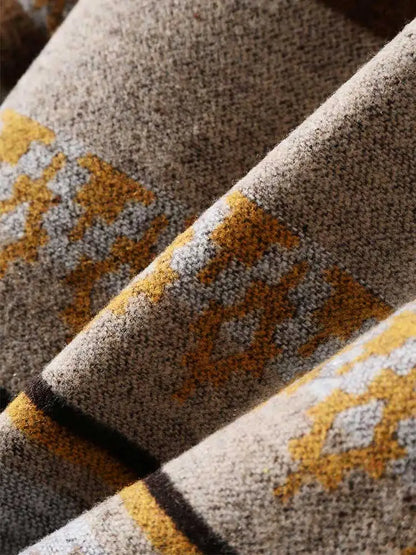 maoxiangshop Men's Shirts Tribal Geometric Pattern Blend Wool Long Sleeve Warm Shirt Coat Vintage Clothes Shacket Autumn Winter Blouse