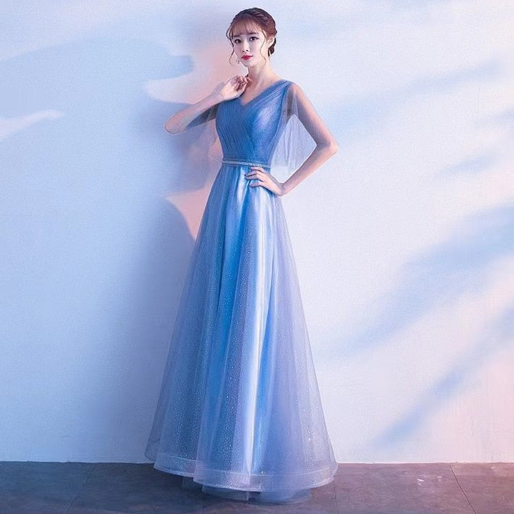 Luxury Shiny Long Women Evening Gown V-Neck Floor-Length Elegant Banquet Dress Wedding Lace-Up Tulle Prom Party Dresses Blue Red