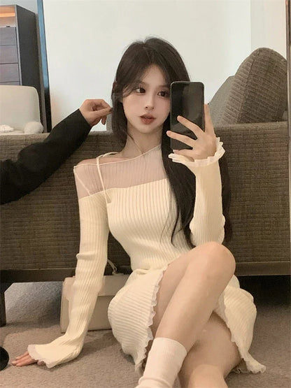 Slim Bodycon Y2k Mini Dress Female Party Casual One Piece Dress Korean Fashion 2023 Spring French Elegant Knitted Dress Woman