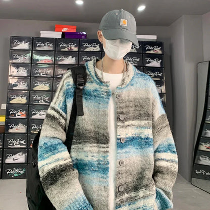 maoxiangshop Striped Cardigan Sweater Men Korean Knitted Sweater Pullover Harajuku Hip Hop Streetwear Loose Knitwear Coat Male Clothes
