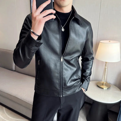 maoxiangshop Men Bomber Leather Jacket New Anti-wind Lapel Solid Casual Slim Fit Jacket Coats Motorcycle PU Leather Jacket Fashion
