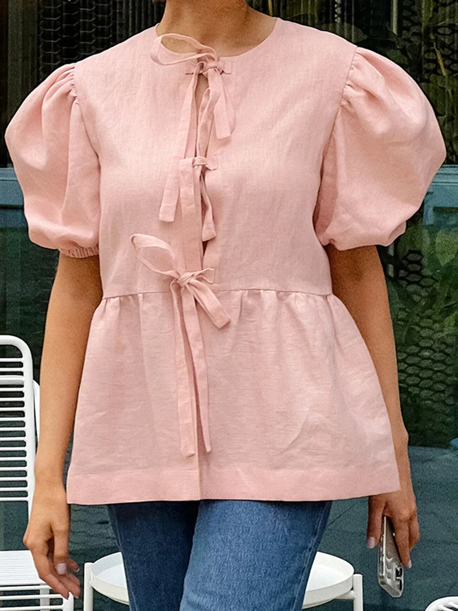maoxiangshop  -  Autumn New White Puff Sleeve Blouse Women 2024 O Neck Short Sleeve Lace-up Shirts Tops French Elegant Casual Fashion Blouses