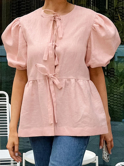 maoxiangshop  -  Autumn New White Puff Sleeve Blouse Women 2024 O Neck Short Sleeve Lace-up Shirts Tops French Elegant Casual Fashion Blouses