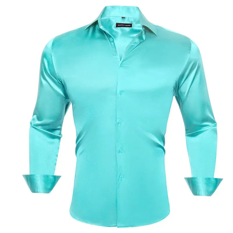 maoxiangshop Luxury Shirts for Men Silk Satin Solid Plain Red Green Yellow Purple Slim Fit Male Blouses Turn Down Collar Casual Tops