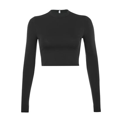 maoxiangshopSolid Basic Long Sleeve Womens Tshirt Casual Black White Fashion Crop Top T Shirt Ladies Fashion Korean Tee Shirt
