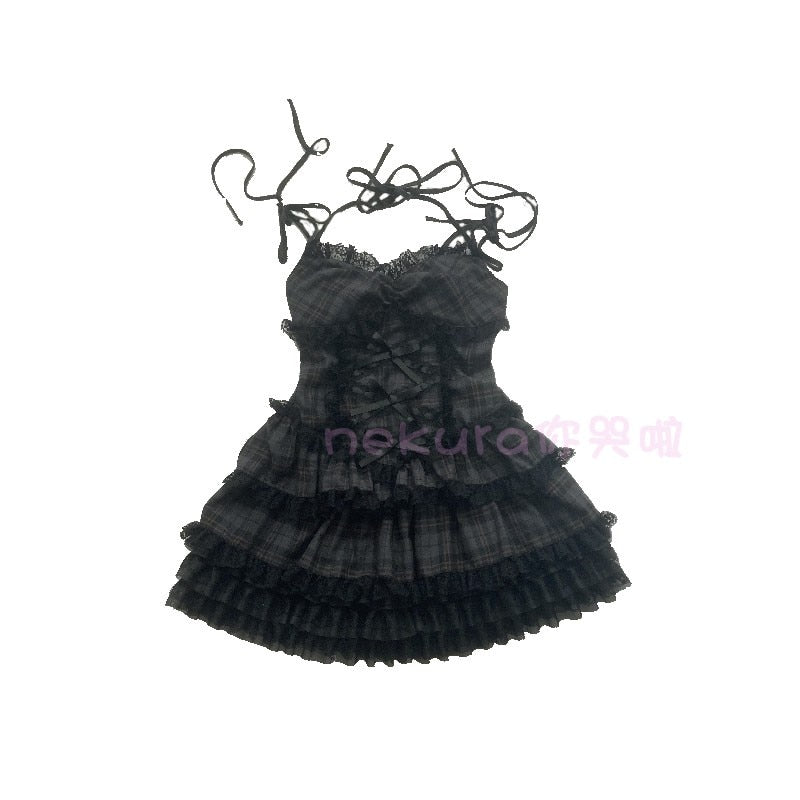 maoxiangshop Summer Autumn Preppy Style Gothic Girls Sexy Sling Dress Balck Pleated Mini Short Plaid Women Sleeveless Large Pendulum Dresses