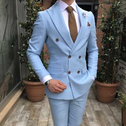 maoxiangshop Slim fit Double Breasted Suit for Men 2 Piece Light Blue Wedding Tuxedo for Groom Peaked Lapel Custom Man Fashion Costume