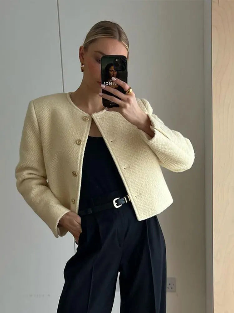 maoxiangshop -  Elegant O Neck Woolen Jacket For Women Casual Loose Long Sleeve Warm Coat Female Fashion Autumn Chic Office Lady Streetwear