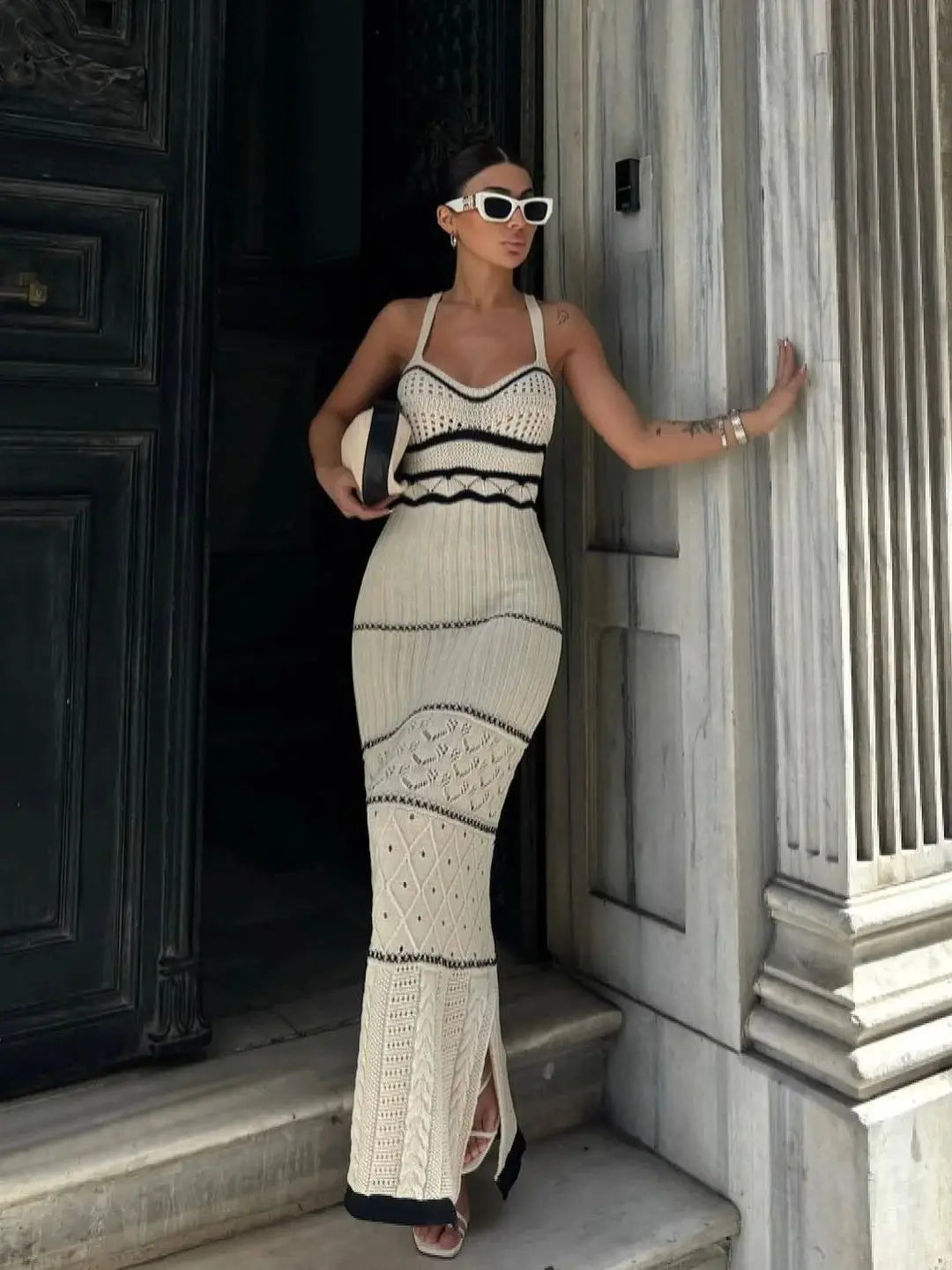 Striped Elegant Knit Crochet Dress Women Summer Beach Vacation Sleeveless Backless Long Dresses Female V Neck Sexy Dresses