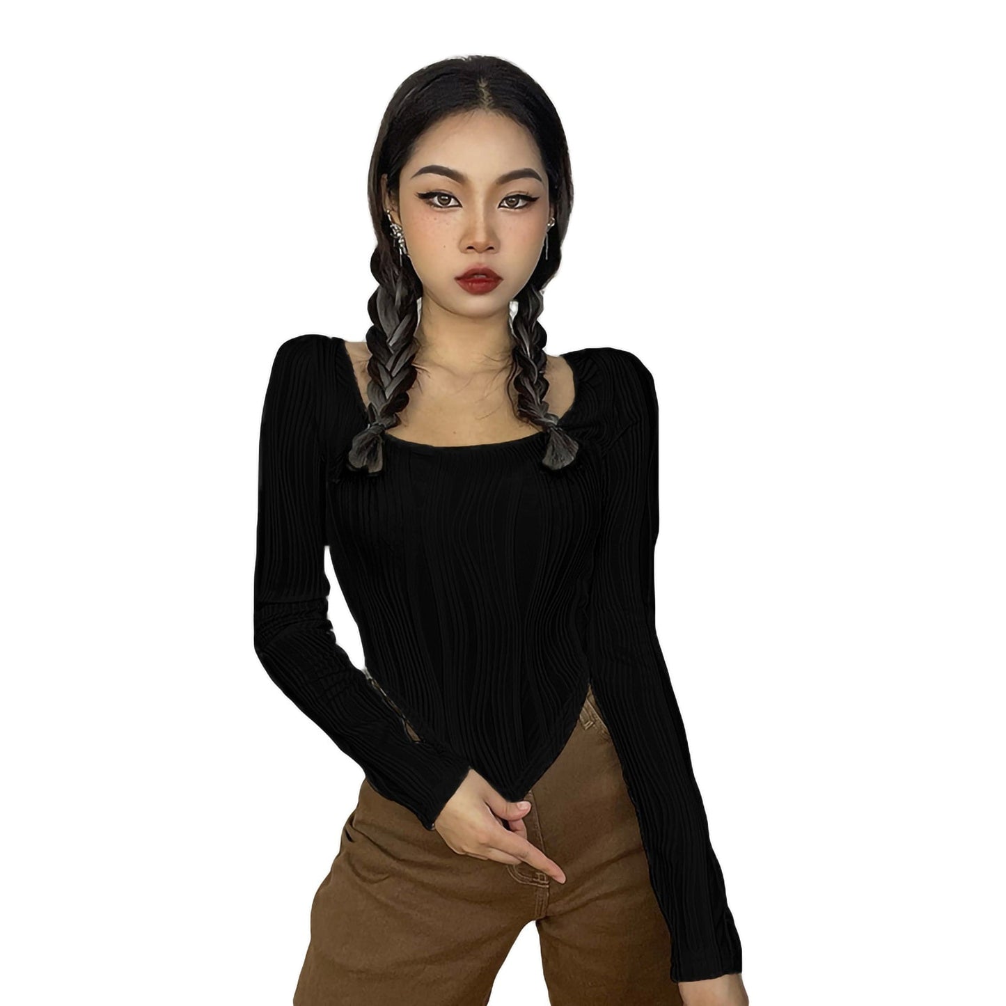 maoxiangshop Women Y2k Long Sleeve Basic Slim Crop Top Irregular Texture Skinny Tee Ribbed Stretchy Shirts Bodycon Blouse