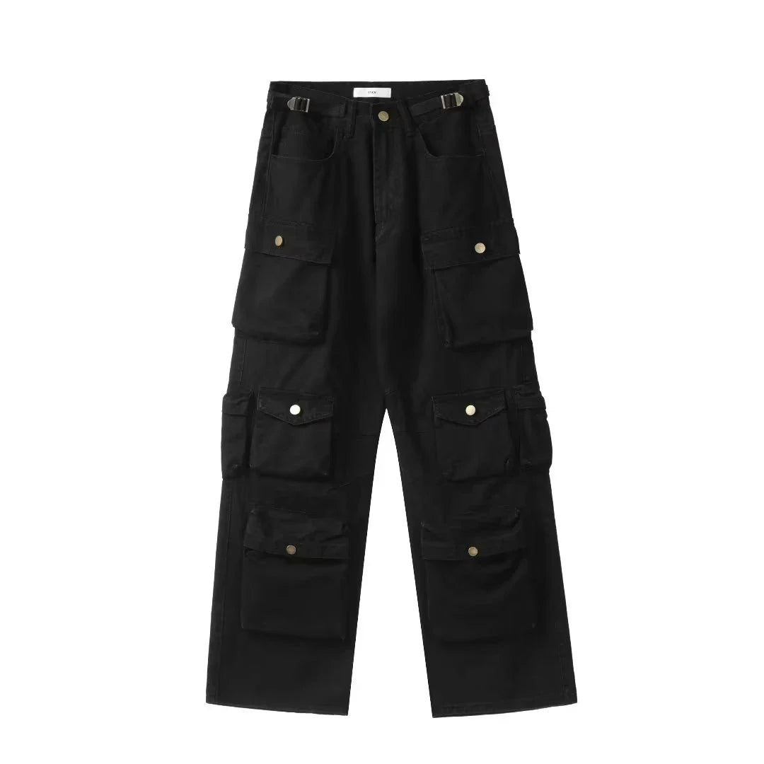 maoxiangshop Spring Cargo pants New Popular Rice White Multi-pockets Overalls Harajuku stays Men Loose Casual Trousers Straight Mopping Pants