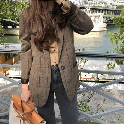 maoxiangshop Women's Plaid Brown Blazer Coat Elegant Female Autumn Business Style Outfits Polyester Spring Jacket Tops Korean Overcoat