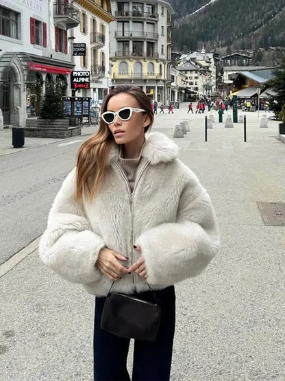 maoxiangshop  -  Warm Thick Zipper Lapel Pocket Faux Fox Fur Coat Women's Long Sleeved Fluffy Jacket 2024 Winter Lady High Street Outercoat
