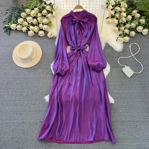 maoxiangshop Frenchic Vintage Long Dress Women Lace-up Bow Collar Lantern Sleeve Female Vestidos De Mujer Spring Elegant Dresses