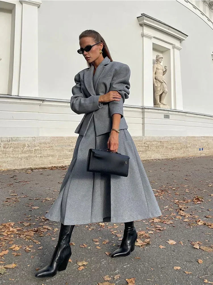 maoxiangshop  -  Women Fashion Solid Woolen Skirt Suits Elegant Stand Collar Full Sleeve Coat Loose Pleated Long Skirts Set Fall Chic Lady Outfit