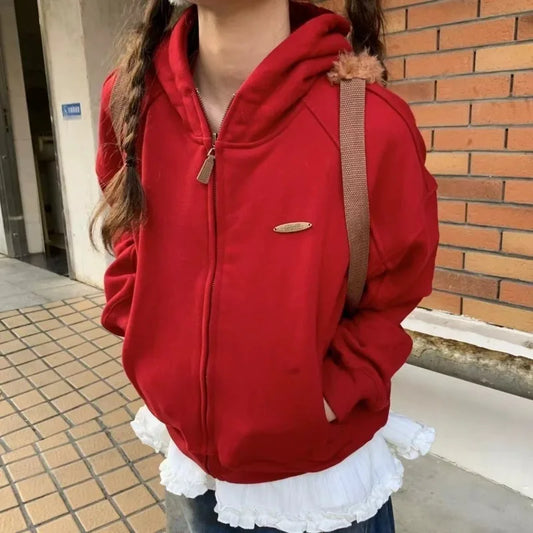 maoxiangshop  -  Oversized Red Hooded Zip-up Women Harajuku Vintage Winter Long Sleeve Outerwears Autumn New Sweatshirt Essentials 2024
