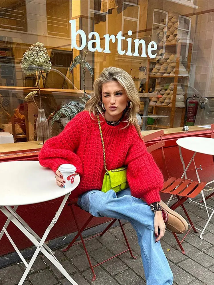 maoxiangshop -  Elegant Women's Knitwear Sweater Loose Thick Warm Casual Solid  Long Sleeve Pullover Autumn Winter Office Basic Female Tops