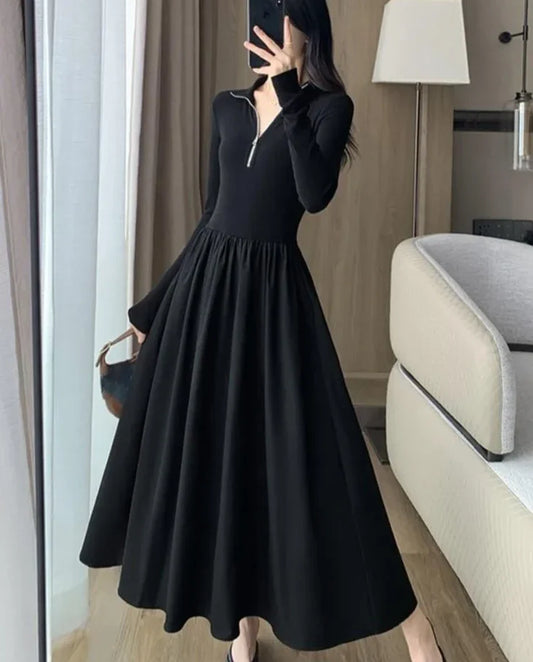 Elegant Vintage Long Sleeve Knitted Midi Dresses Women Korean Casual Slim Fit A-Line Black Birthday Party Robe Autumn Clothing