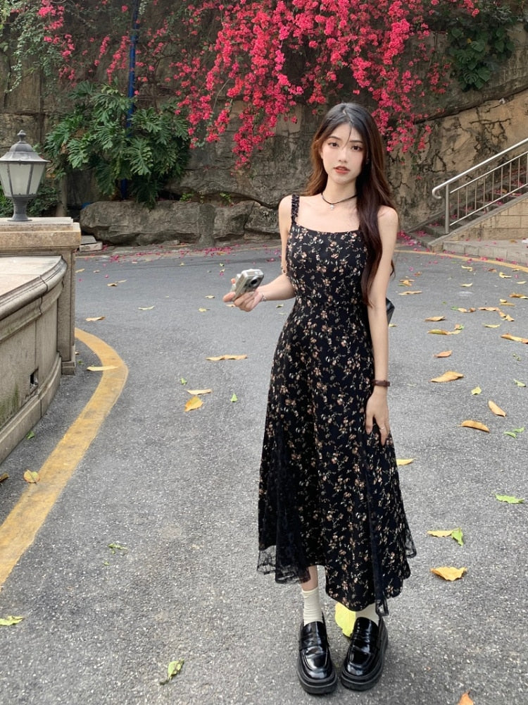 maoxiangshop Y2k Vintage Black Floral Dress Women Korean Style Mesh Irregular Split One Piece Slip Long Chiffon Fairy Dresses Summer