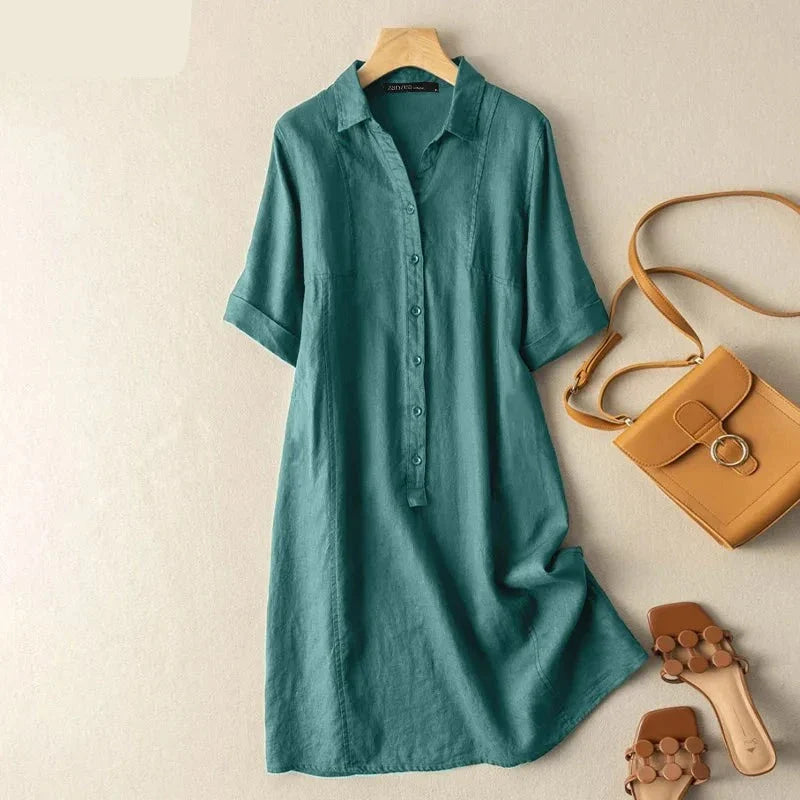 maoxiangshop Summer Dress Elegant Short Sleeve Dresses Women Vintage Cotton Vestido O-Neck Button A-line Work Sundress Robe Femme