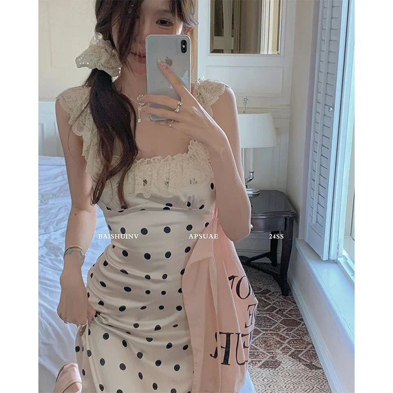 Vintage Polka Dot Midi Dress Women Elegant Party Lace Sleeveless One Pieces Dresses Summer Korean Beach Bodycon Vestidos