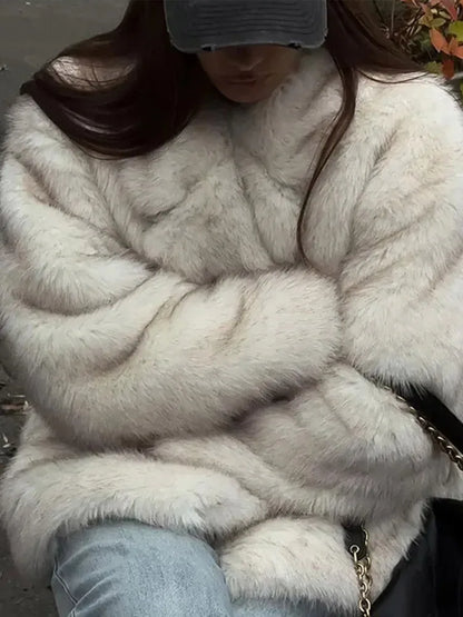 maoxiangshop  -  Solid Faux Fur Women Overcoat Lapel Thicken Warm Lady Jacket 2024 Fashion Elegant Autumn Winter All Match Loose Female Coat
