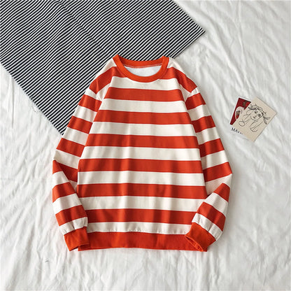 maoxiangshop Pullover Tops Long Sleeved Loose Casual Hoodies Sudadera Mujer Autumn Winter Women's Hoodies Round Neck Stripe Sweatshirt