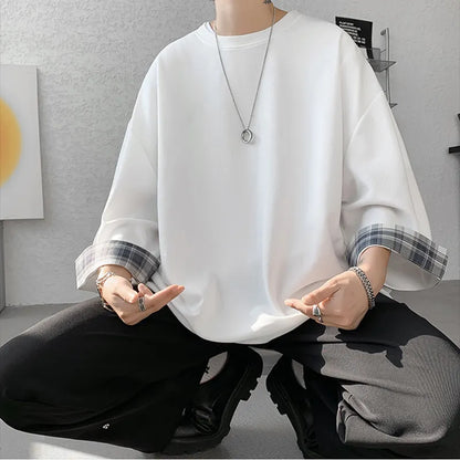 maoxiangshop Spring Summer Men's T-shirts Women Oversized 2XL Korean Style Loose Plaid T-shirt Casual Seven sleeves T-Shirt Male White