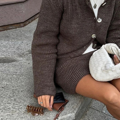 maoxiangshop  -  Knitted Skirts 2 Piece Set Women Fashion Lapel Flare Button Knitted Cardigan Top Mini Skirt 2024 Autumn Lady All-matching Outfit
