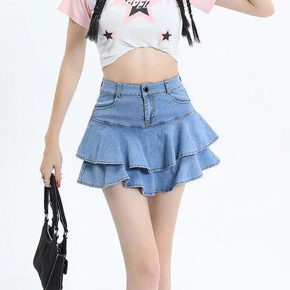 Women Ruffles Denim Skirts Summer Korean Fashion High Waist Mini Skirts Y2K Causal All Match Female Blue Jeans Skirts