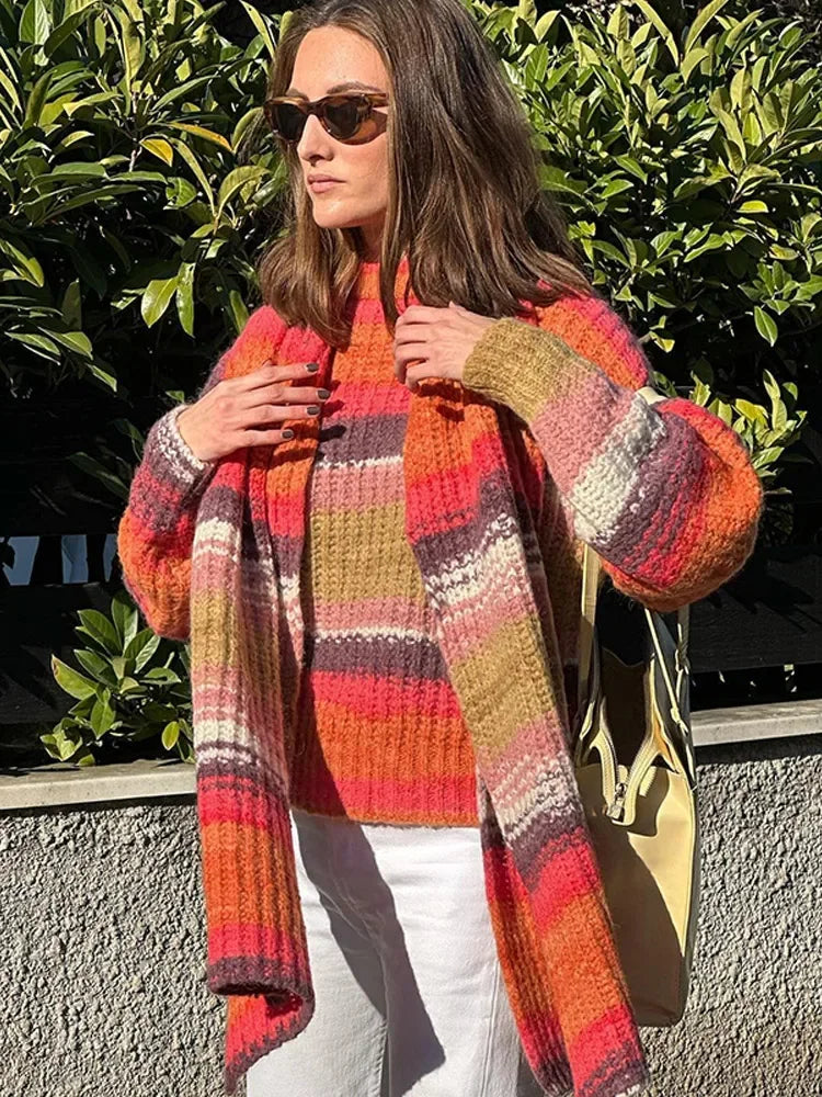 maoxiangshop  -  Women Casual Colorful Stripes With Scarf Knitted Pullover Fashion Full Sleeve Cashmere Sweater New Lady Autumn Winter Knitwear