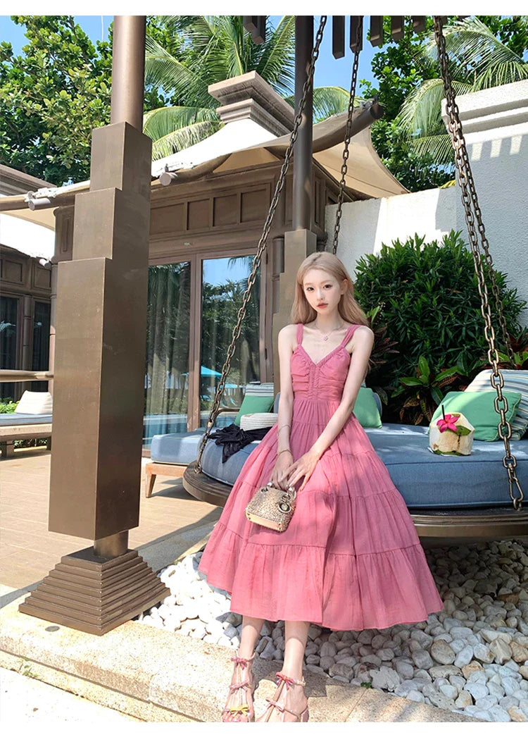 maoxiangshop Beach Style Holiday Midi Dresses for Women Summer Korean Fashion Sleeveless Pleated Camisole Elegant Party Female Clothing