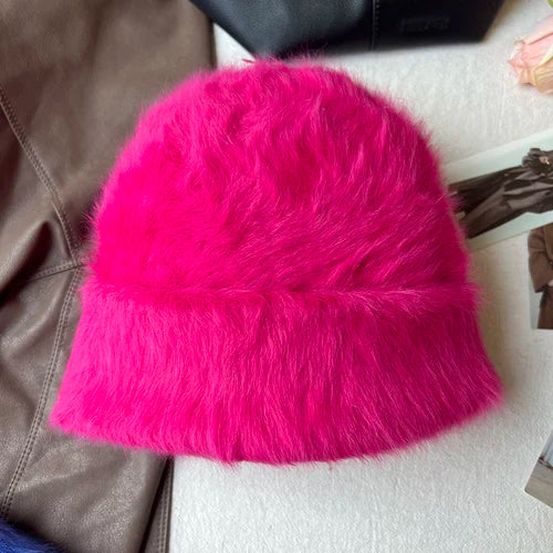 maoxiangshop New Fashion Rabbit Fur Y2k Beanies for Women Soft Warm Fluffy Angola Winter Hat Female Windproof Bonnet Hat Skullies Cap