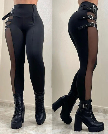 maoxiangshop Pant Women Fashion New Mesh Patch Buckled High Waist Casual Pants Sexy Skinny Daily Women's Bottom New Fashion