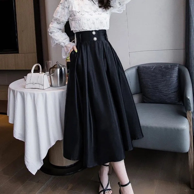 maoxiangshop Big Swing High Waitsed Black Skirts Women Fashion Pleated Satin Midi Skirt Woman Pearls Button Long Party Skirts Ladies