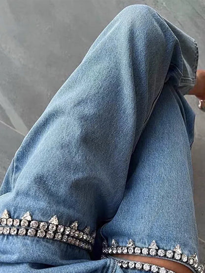 maoxiangshop -  Chic Diamond Design Blue Distressed Relaxation of Tall Waist Wide Legged Pants Women 2024 Spring Autumn Hollow Out Ladies Jeans