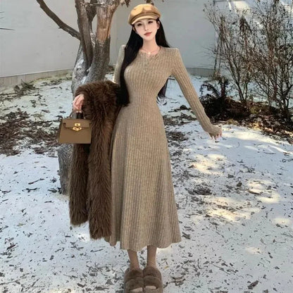 Long Sleeve Dress Women Solid Slim Knit Basic Midi Dress Autumn Winter Elegant All Match Vestidos Female Defined Waist New