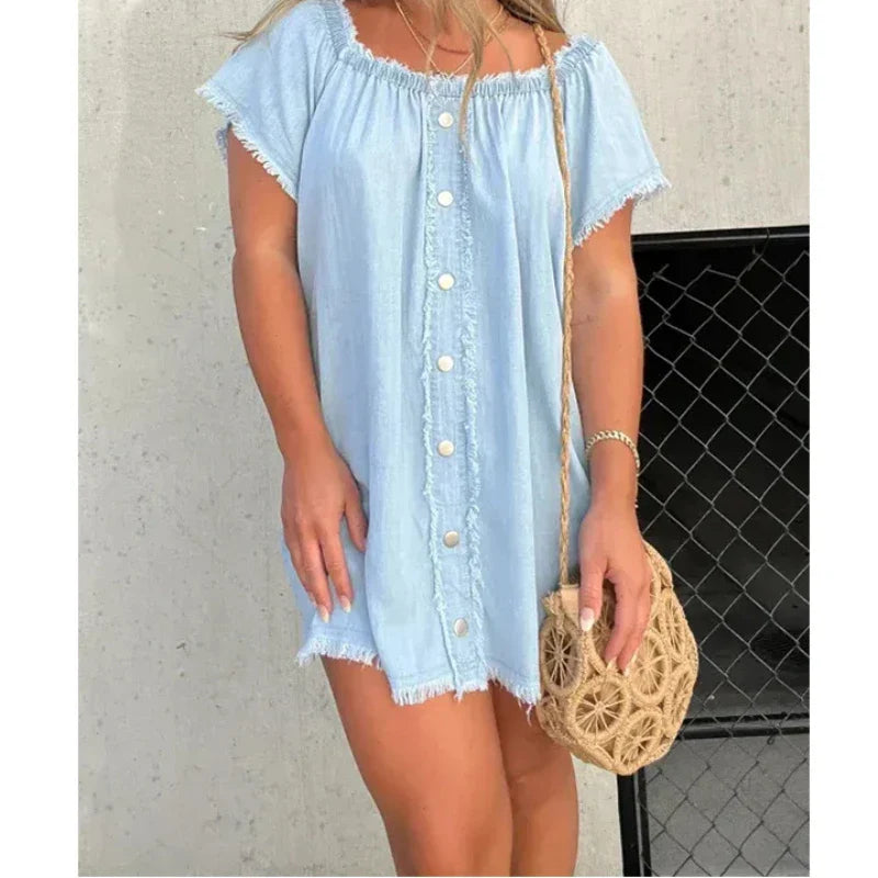 maoxiangshop Shirt Dress Denim Jeans Dresses Women Off Shoulder Slash Neck Blue Tassel Single Breasted A Line Mini Vestidos Streetwear