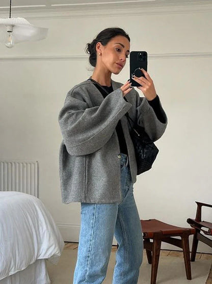 maoxiangshop  -  Woolen Coat Women Grey Autumn Winter Crop Overcoat Lady Elegant Fashion Long Sleeve Jacket Female Casual Loose V-Neck Coats