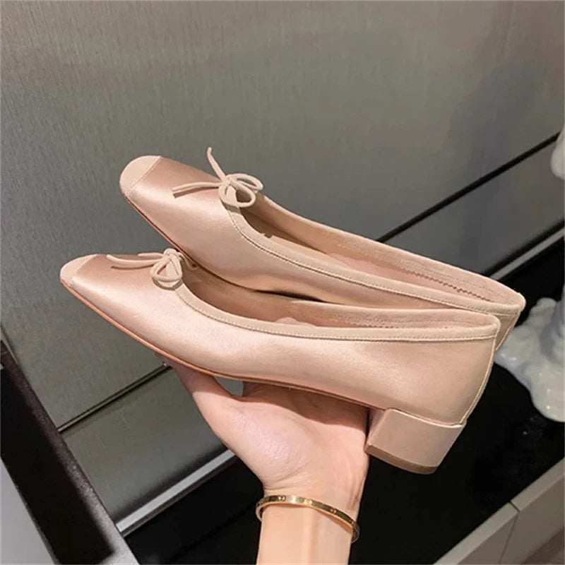 maoxiangshop -  Fashion Design Silk Ballerinas Women Pumps Slip on Loafers Round Toe Square Heels Bowknot Casual Spring Autumn Shoes